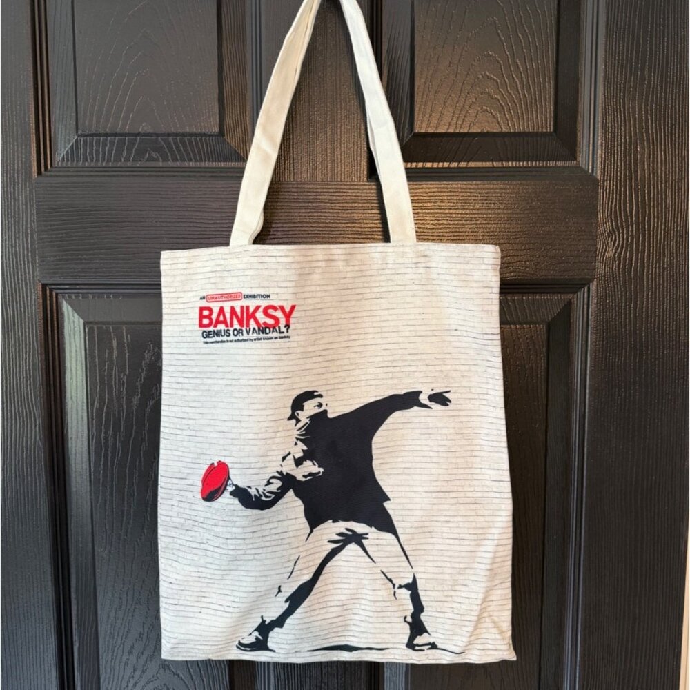 Banksy Genius Or Vandal Canvas‎ Tote Bag Iconic Graffiti Art Los Angeles Exhibit